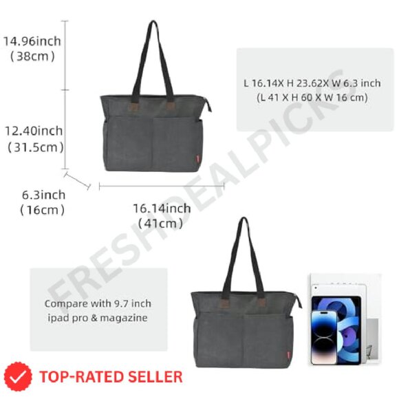 Canvas Tote Bag Retro Classic Multi-Pocket Laptop Commuter Travel Gym - Picture 4 of 8